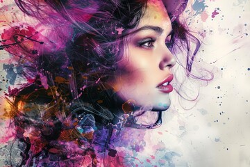 Fantasy portrait of a woman blended with a digital paint splash Creating an abstract and colorful artistic expression that captures both beauty and creativity