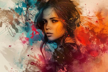 Fantasy portrait of a woman blended with a digital paint splash Creating an abstract and colorful artistic expression that captures both beauty and creativity
