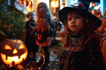 Fototapeta premium Halloween themed scene with children dressed up for trick or treating Surrounded by festive decorations and a glowing jack-o-lantern Capturing the spirit of the holiday