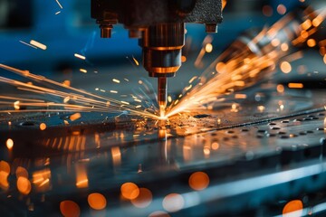 High precision cnc laser welding of metal in an industrial setting Highlighting technological advancements in fabrication and the meticulous skill involved