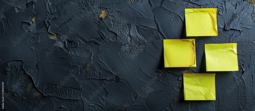 Aufkleber a black wall adorned with neatly arranged yellow squares, creating a striking contrast of colors and