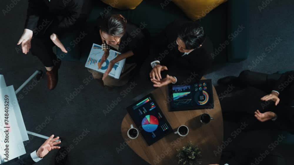 Aufkleber top down view of business team listen investor present idea while standing at whiteboard. diverse gr