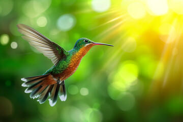 Colorful hummingbird, flying free in a forest with sun rays and copy space, small wings and...