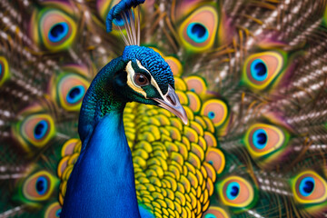Colorful peacock, portrait of an elegant bird with blue feathers and an open tail of elegant and beautiful feathers