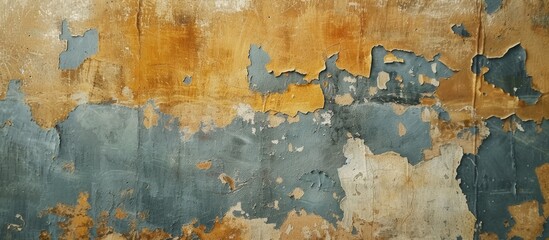 An aged concrete wall with peeling layers of paint, showcasing a gritty texture and weathered appearance. The paint is visibly chipped and faded, revealing the raw surface underneath.