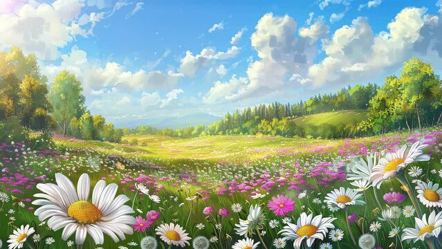 nature spring background. meadow with lots of white and pink spring daisy flower seamless looping overlay 4k virtual video animation background
