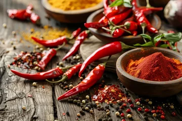 Fotobehang Spicy culinary collection featuring assorted fresh and dried chili peppers With spice powders on a rustic kitchen table © Jelena