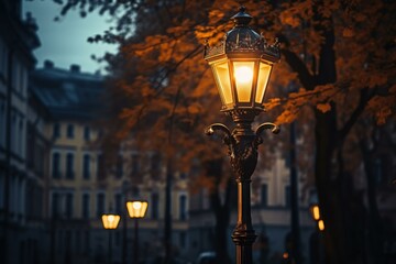 Rustic Lamp lightning on old street. Glowing lantern on urban historical wall avenue. Generate ai
