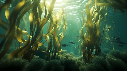 Green algae background in nature, ocean bottom - obrazy, fototapety, plakaty