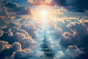 Staircase ascending through clouds towards a radiant light Symbolizing hope Ascension And spiritual journey towards enlightenment and divine presence - obrazy, fototapety, plakaty