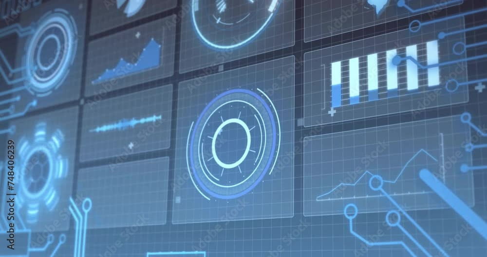 Poster animation of digital data processing and scope scanning on screens over blue background