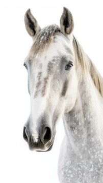 Majestic White Horse Portrait with Snowflakes on Coat in Winter