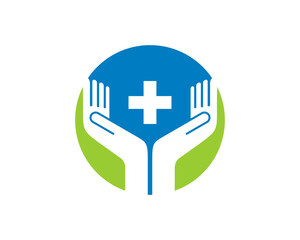 Hand care with medical cross in the circle logo