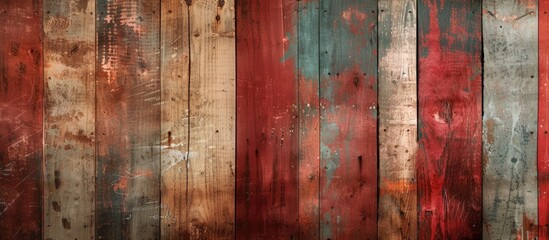 A close-up view of a wooden wall painted with alternating red, white, and blue horizontal stripes. The weathered texture of the wood and the vibrant colors create a bold and patriotic aesthetic.