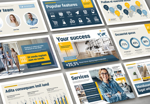 Profesional Corporate Business Presentation with Dark Blue and Yellow Elements