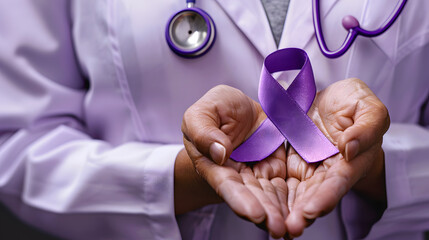 doctor holding a purple awareness ribbon with both hands word cancer awareness day background