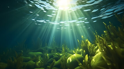 Fototapeta na wymiar Green algae background in nature, ocean bottom