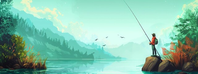 A serene illustration of a man fishing by a tranquil lake, surrounded by lush trees and distant mountains, with birds flying overhead, embodying the peace and solitude of nature. Concept of outdoor re