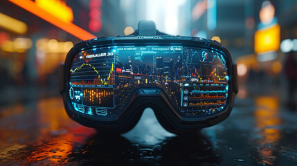 A futuristic 3D animation of a virtual reality headset with graphs and charts displayed within the headset. The charts represent different investment options such as stocks