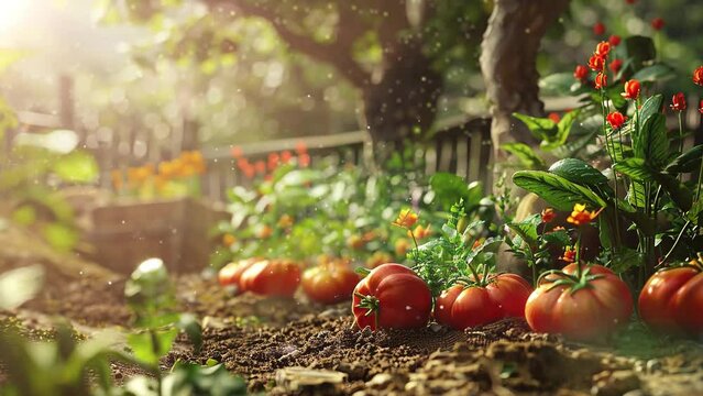  vegetables and spring time. fresh tomato in the garden. seamless looping overlay 4k virtual video animation background