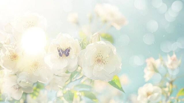 beautiful white bush roses on a background of blue sky. seamless looping overlay 4k virtual video animation background