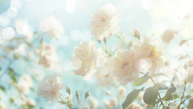 beautiful white bush roses on a background of blue sky in the spring season. seamless looping overlay 4k virtual video animation background