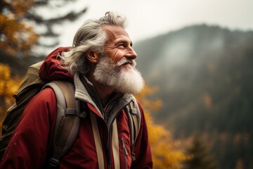 Experienced Older man hiking nature. Nature outdoor autumn adventure adult. Generate Ai - obrazy, fototapety, plakaty