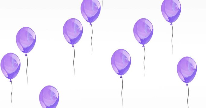 Animation of gold confetti falling over purple party balloons rising on white background