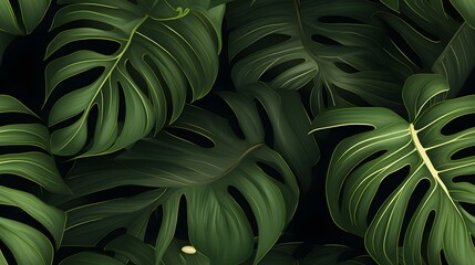 Green monstera leaf seamless abstract background. Tile monstera for the wall. - obrazy, fototapety, plakaty