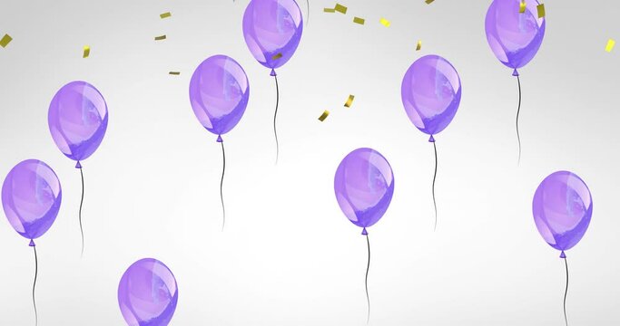 Animation of gold confetti falling over purple party balloons rising on grey background