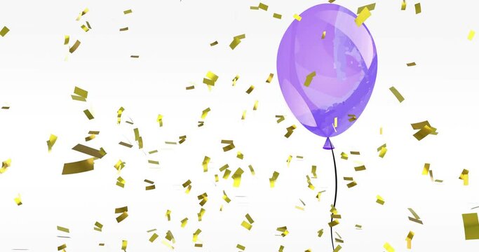 Animation of gold confetti falling over purple party balloon on white background