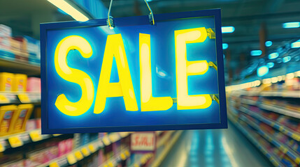 Blue and yellow neon sign in the store isle that says SALE