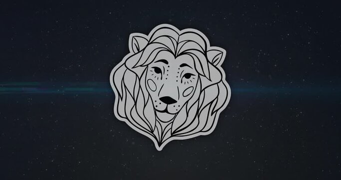 Animation of lion head illustration over blue light and starry night sky
