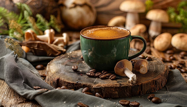 Mushroom Coffee Cup Surrounded by an Array of Mushrooms. Generative AI.