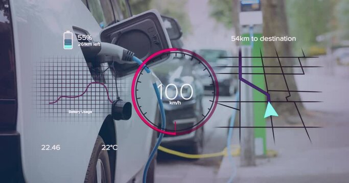 Animation of eco icons and data processing over electric car charging