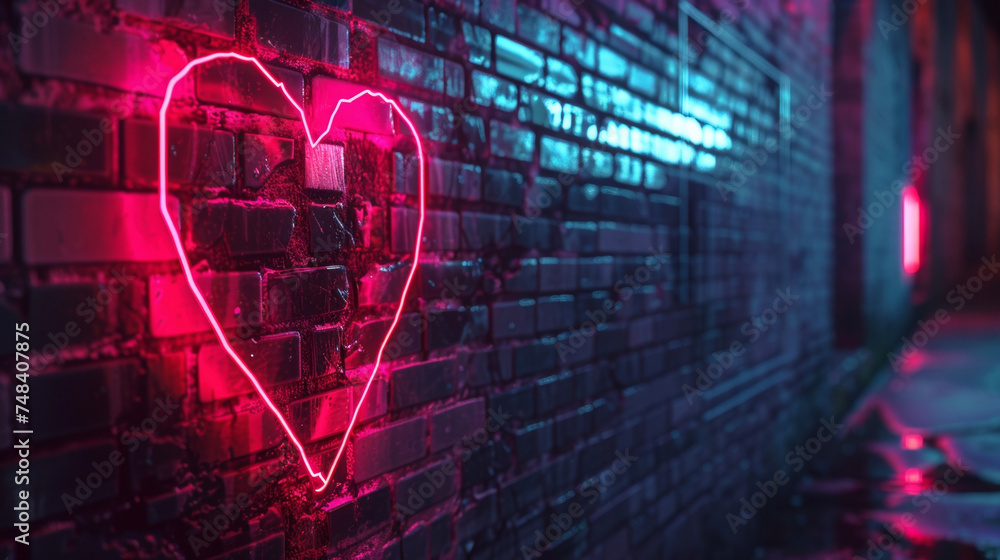 Poster a neon sign in the shape of a broken heart flickers against a dark background symbolizing the fragme