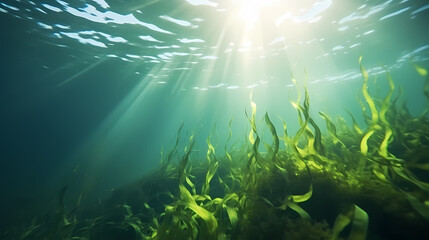 Seaweed and natural sunlight underwater seascape in the ocean, landscape with seaweed - obrazy, fototapety, plakaty