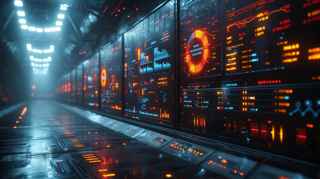 An abstract representation of a futuristic market with floating stands displaying virtual products and their respective exportimport values. Each stand is connected to a data