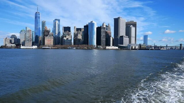 Manhattan View, New York City, Staten Island Ferry. Brooklyn Bridge, World Trade Center, Lower Manhattan. Camera: GoPro HERO 11 Black 4K/30