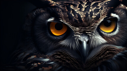portrait of yellow eyed owl on dark background