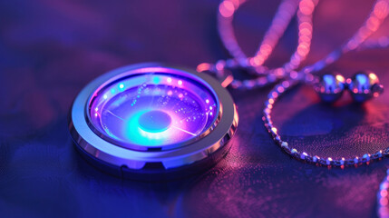 A detailed view of a UV radiation detection necklace featuring a compact sensor and LED lights that change color based on the UV levels.