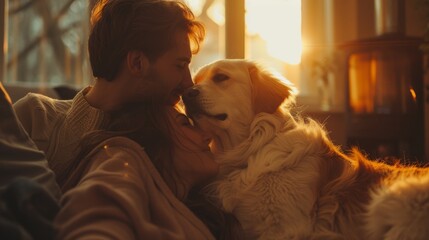 A couple sharing a heartfelt embrace while their devoted dog gazes up at them with adoration