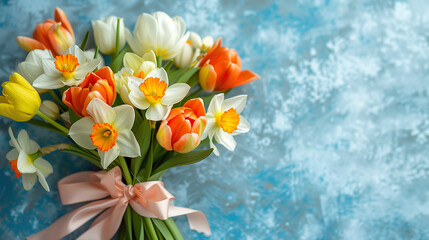 Beautiful bouquet of tulips and daffodils, greeting card