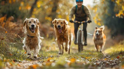 a Man enjoying a leisurely bike ride through the countryside, their loyal dogs running alongside them