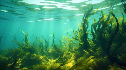 Crédence de cuisine en verre imprimé Corail vert Seaweed and natural sunlight underwater seascape in the ocean, landscape with seaweed
