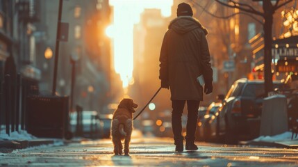 A person taking a leisurely stroll through the city streets, hand in leash with their beloved canine companion - obrazy, fototapety, plakaty