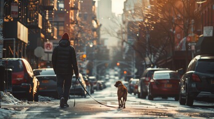 A person taking a leisurely stroll through the city streets, hand in leash with their beloved canine companion, enjoying each other's company amidst the urban hustle and bustle - obrazy, fototapety, plakaty
