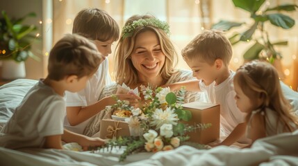Obraz premium Cheerful Family Enjoying Time Together with Gifts and Flowers in Cozy Bedroom Setting