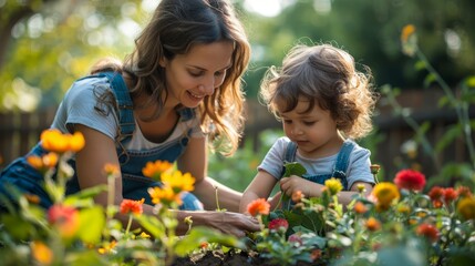 Young Mother Teaching Toddler Gardening Amidst Colorful Flowers in Sunny Garden - Family Bonding, Nature Education