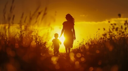 Silhouetted Mother and Child Walking Hand in Hand at Sunset Through a Field